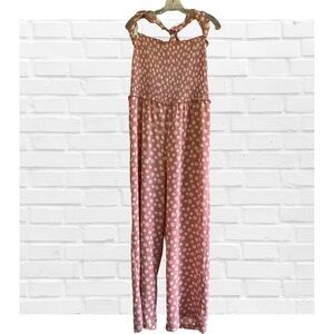 Candie’s Pink and Cream Polka Dot Jumpsuit Smocked Bodice Wide Leg Women’s XL